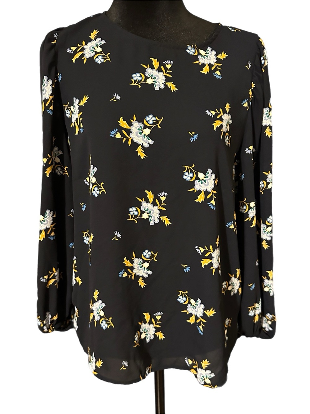 LOFT Black Floral Long-Sleeve Blouse with Yellow & White Print